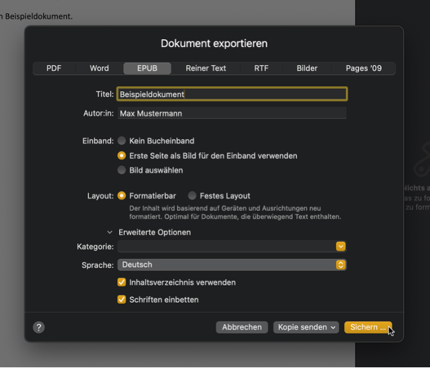 EPUB-Export-Dialogfenster
