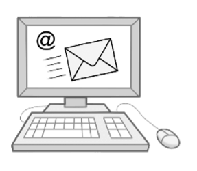 Ein Computer mit Tastatur und Maus. Auf dem Bildschirm ist ein E-Mail-Zeichen und ein Brief.